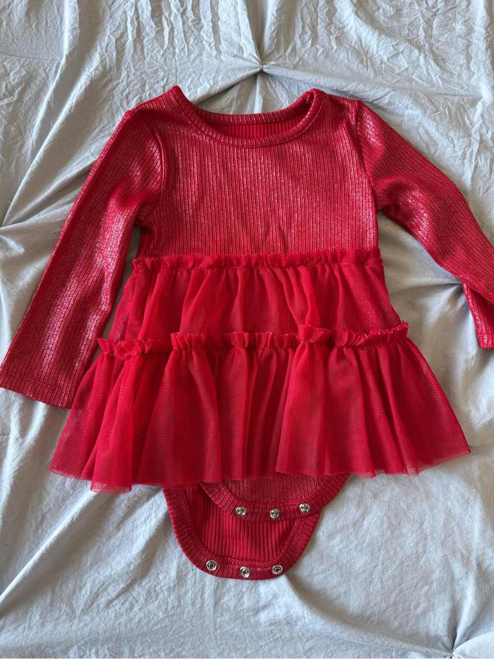 okie dokie Red Shimmer Knit & Tulle Ruffle One-Piece
